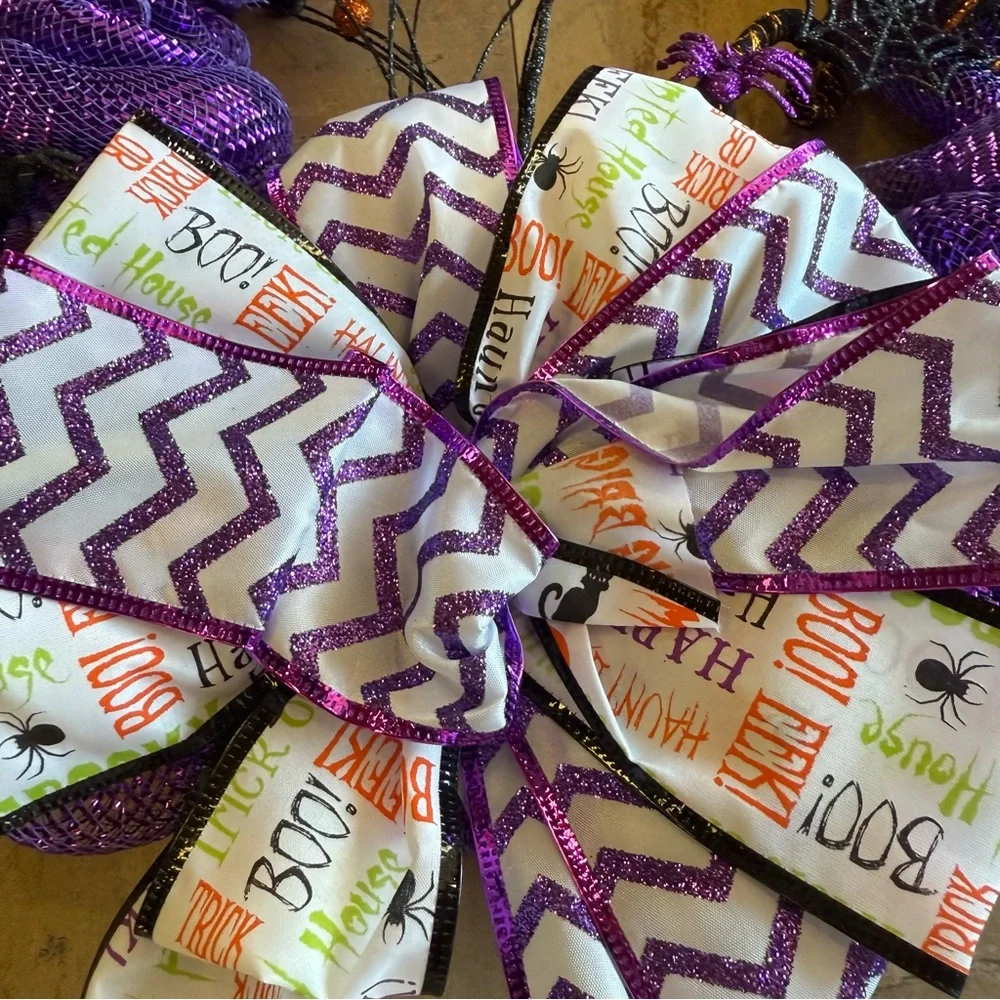 Handmade Purple Halloween Deco Mesh Wreath with Ribbon Bow, Spiders & Webs 20